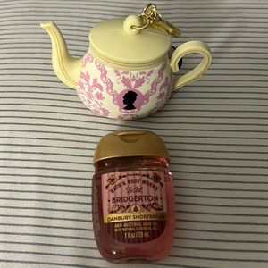 Bridgerton Danbury Shortbread sanitizer with the tea cup pocket bac holder